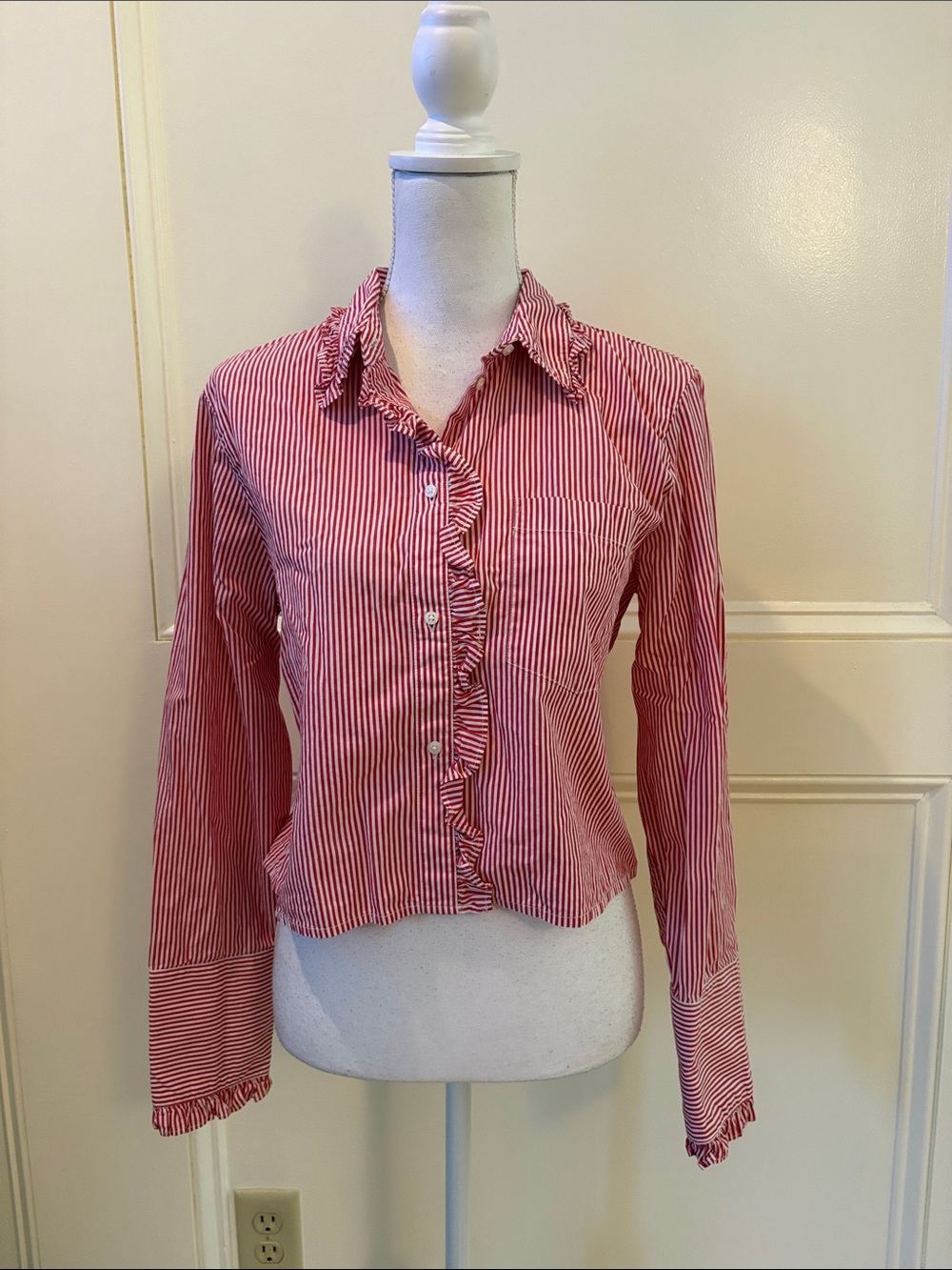 J. Crew Red and White Striped Ruffle Button-Down Blouse